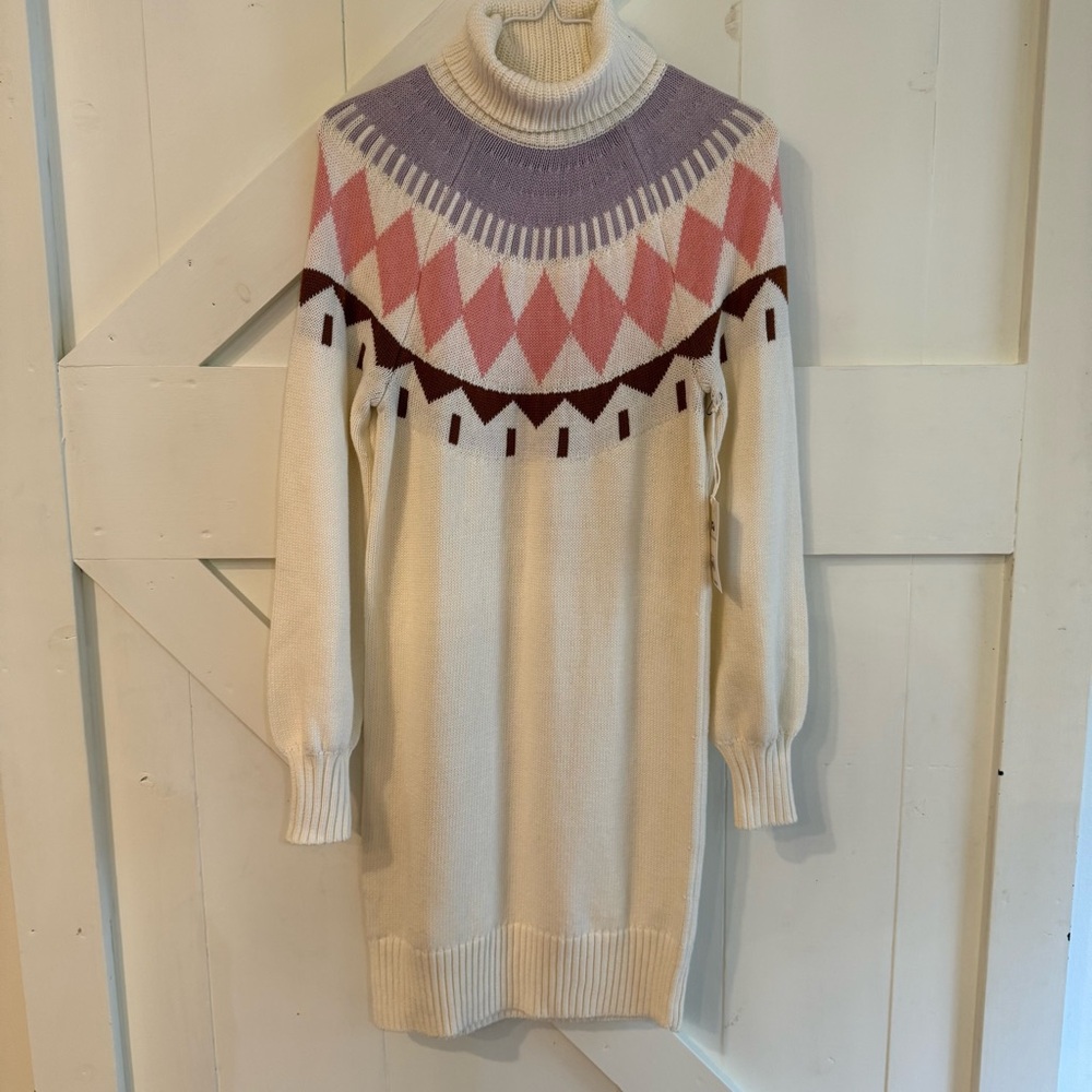 NWT Free Assembly Cream‎ Turtleneck Sweater Dress XS Fair Isle Geometric Design